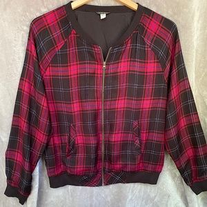 🎉Peyton Jensen Plaid Bomber Jacket, Size M,Red/Black/Royal Blue